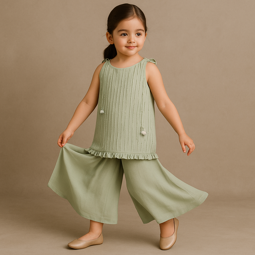 Pre Order: Embroidered Tie Up Straps Kurti And Flared Palazzo