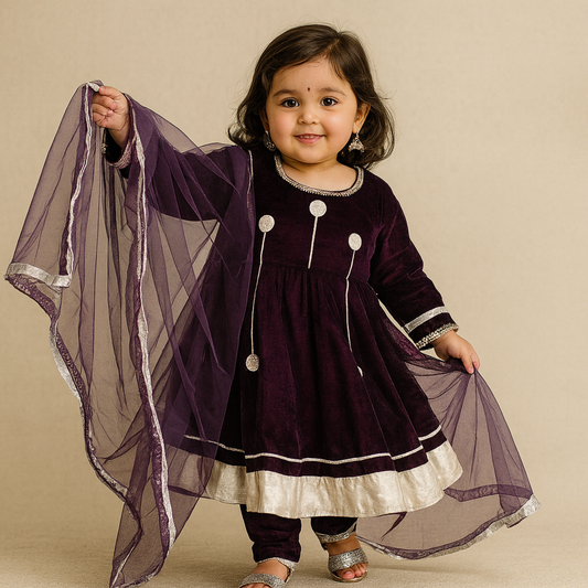 Pre Order: Wine Velvet Anarkali Suit Set