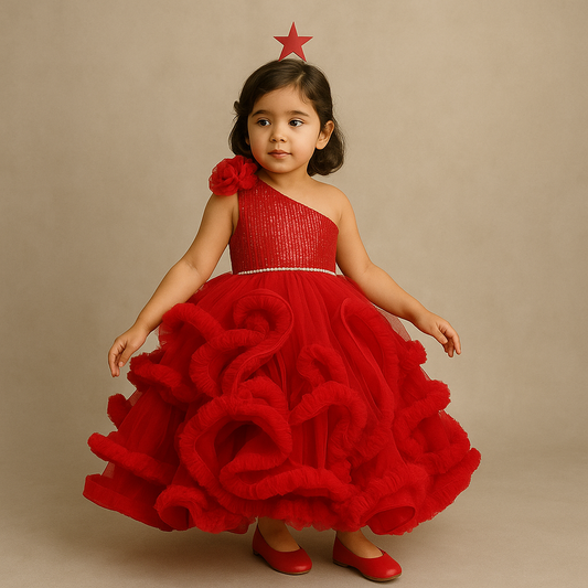 Pre Order: Sequins Embellished One Shoulder Ruffle Layered Party Wear Red Gown