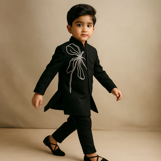 Pre Order: Classic Noir Embroidered Sherwani And Pant
