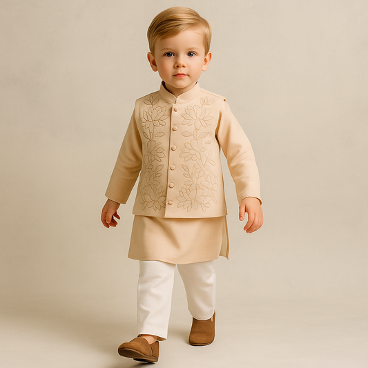 Pre Order: Kurta With Potli Button Detailed Jacket And Pyjama