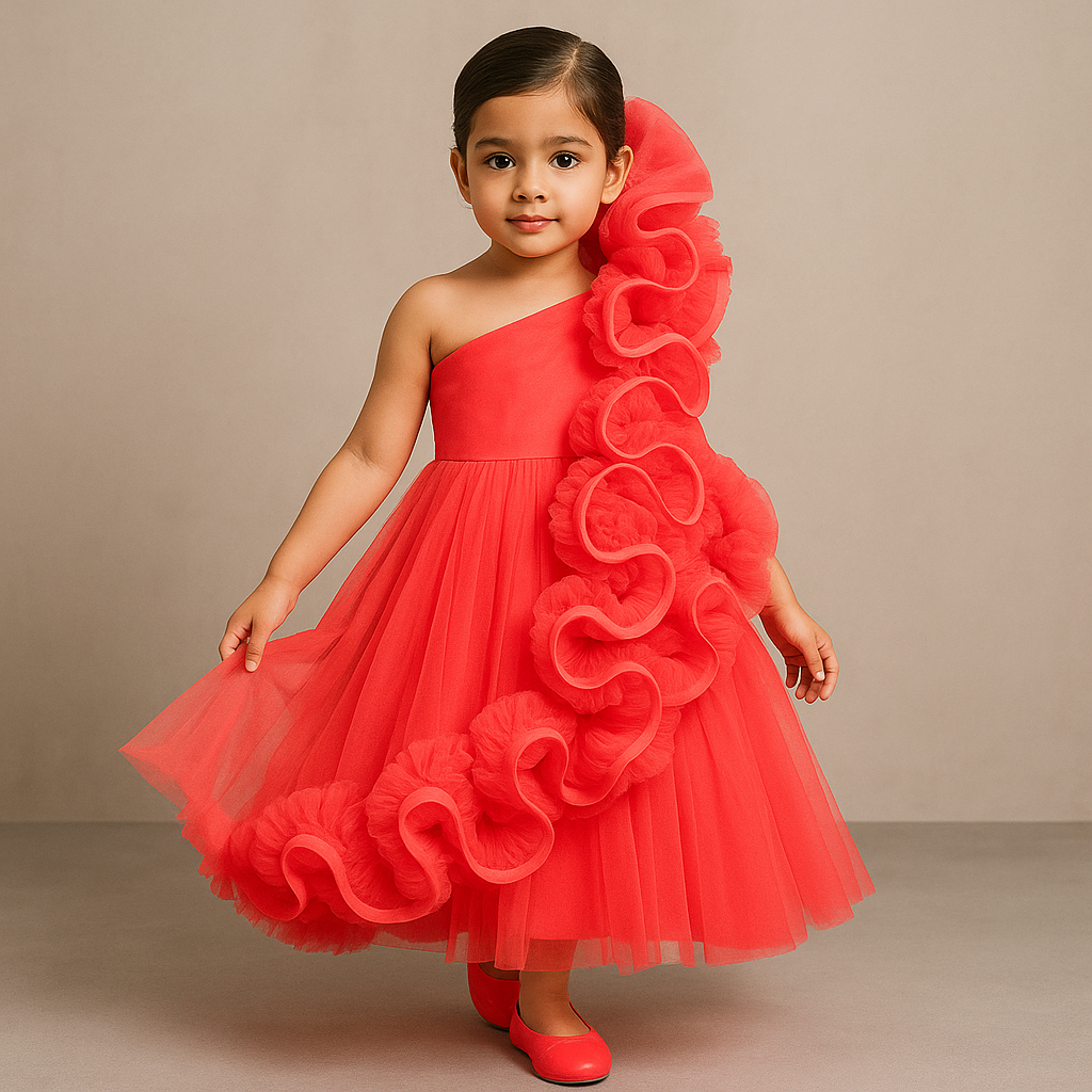 Pre Order: Red One Shoulder Ruffle Net Gown