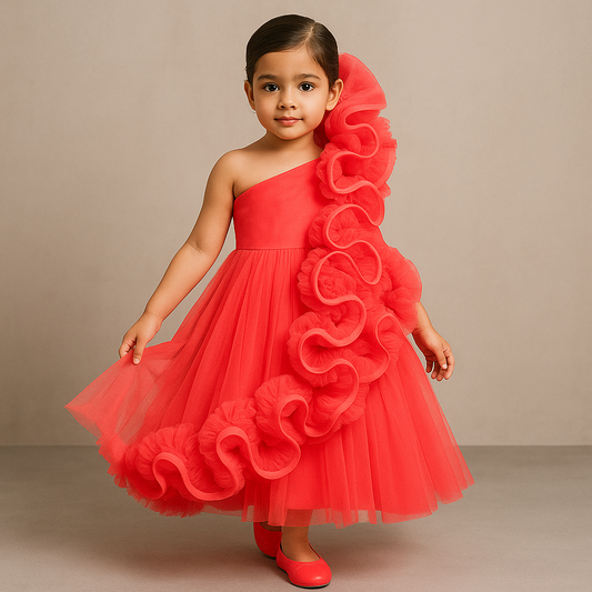 Pre Order: Red One Shoulder Ruffle Net Gown
