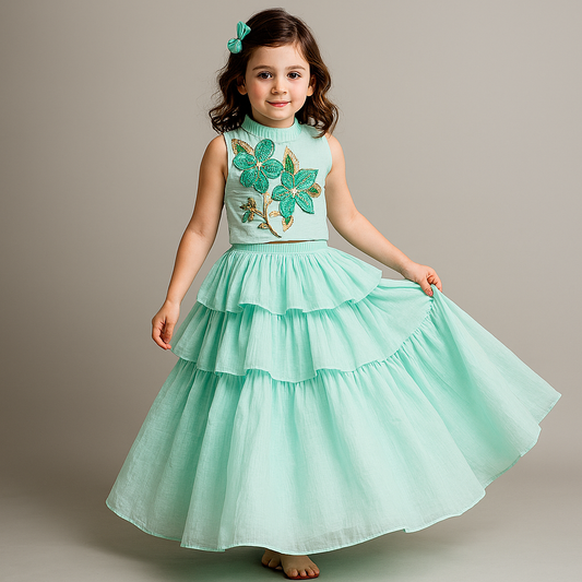 Powder Blue Floral Thread Embroidered Pleated Neck Top With Ruffle Layered Lehenga