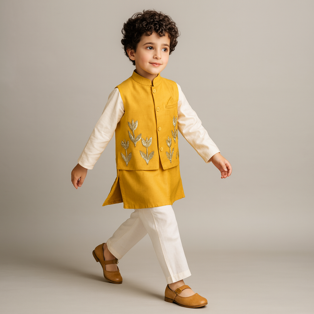 Pre Order: Ethnic Kurta With Front Open Embroidered Jacket And Pyjama