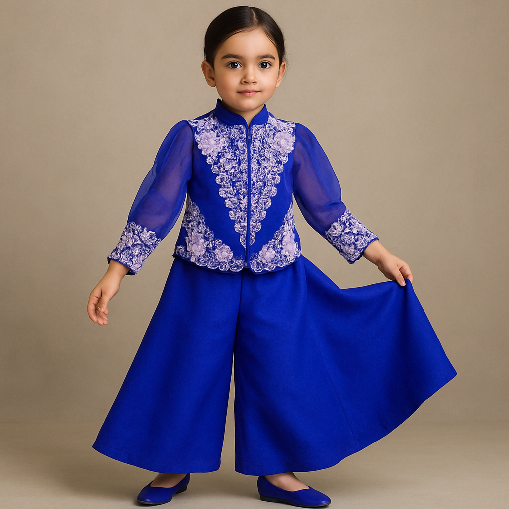 Pre Order: Front Open Embroidered Blue Top And Palazzo