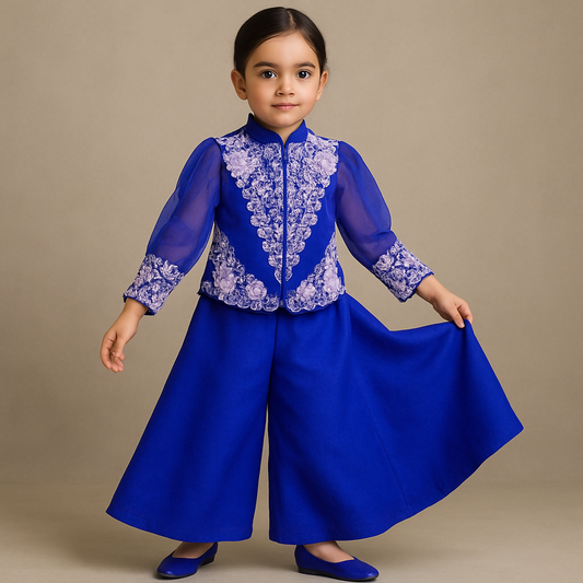 Pre Order: Front Open Embroidered Blue Top And Palazzo