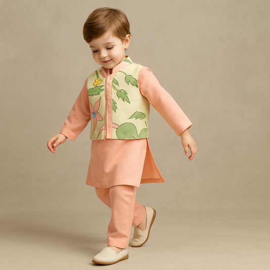 Pre Order: Ethnic Bead Detailed Kurta With Front Open Floral Jacket And Pyjama