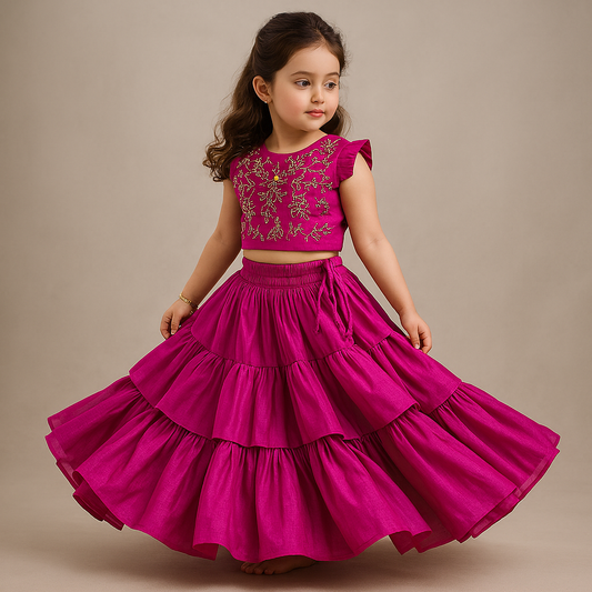Pre Order: Charming Floral Cut Dana Embroidered Hot Pink Top And Multi Layered Ruffle Lehenga