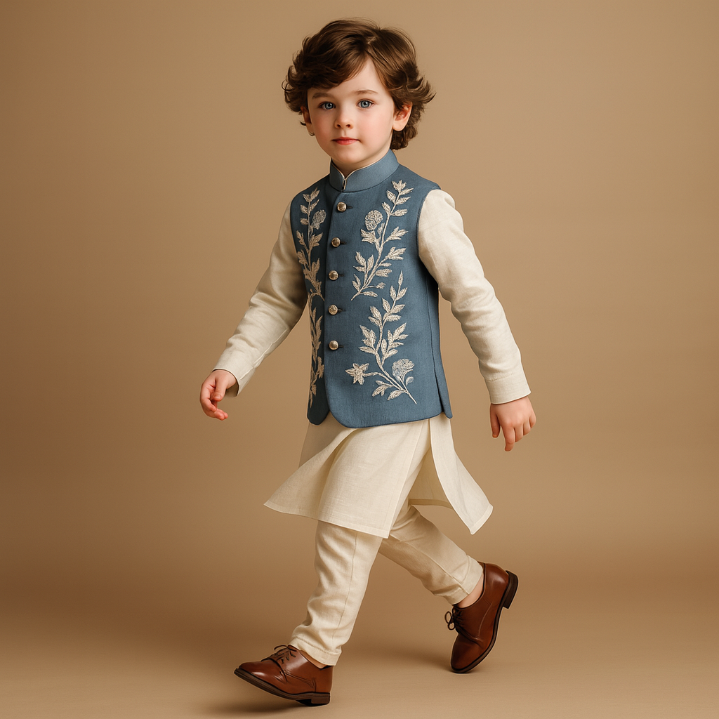 Pre Order:Nawab Blue Embroidered Sherwani And Pant