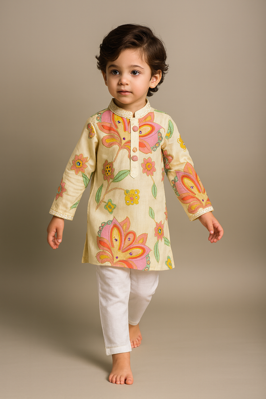 Pre Order: Off White Stylish Floral Kurta With White Pyjama