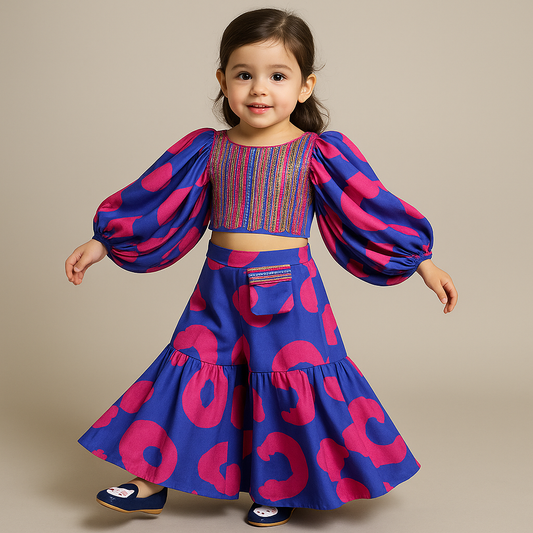 Pre Order: Volume Sleeves Dual Tone Crop Top And Two Layered Palazzo