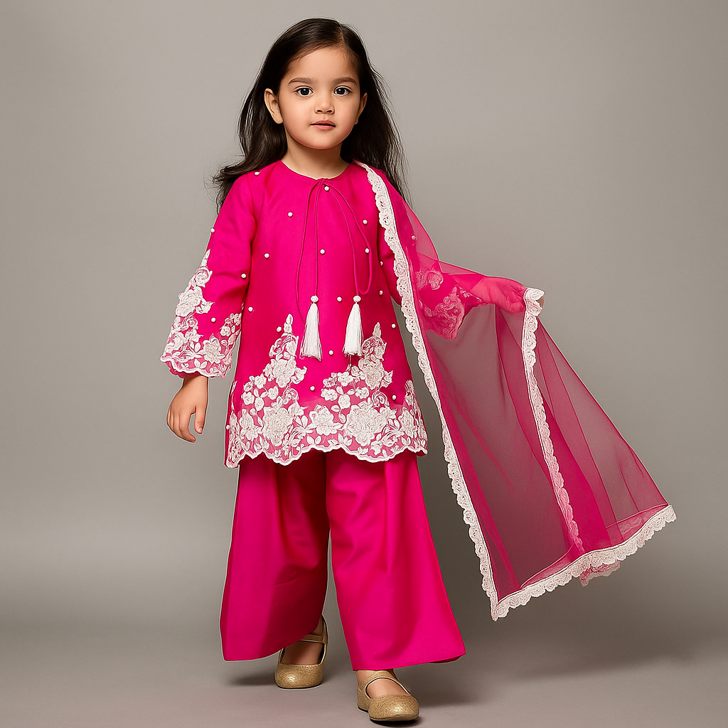 Pre Order: Floral Embroidered Applique Detailed Kurti With Farsi Salwar And Dupatta