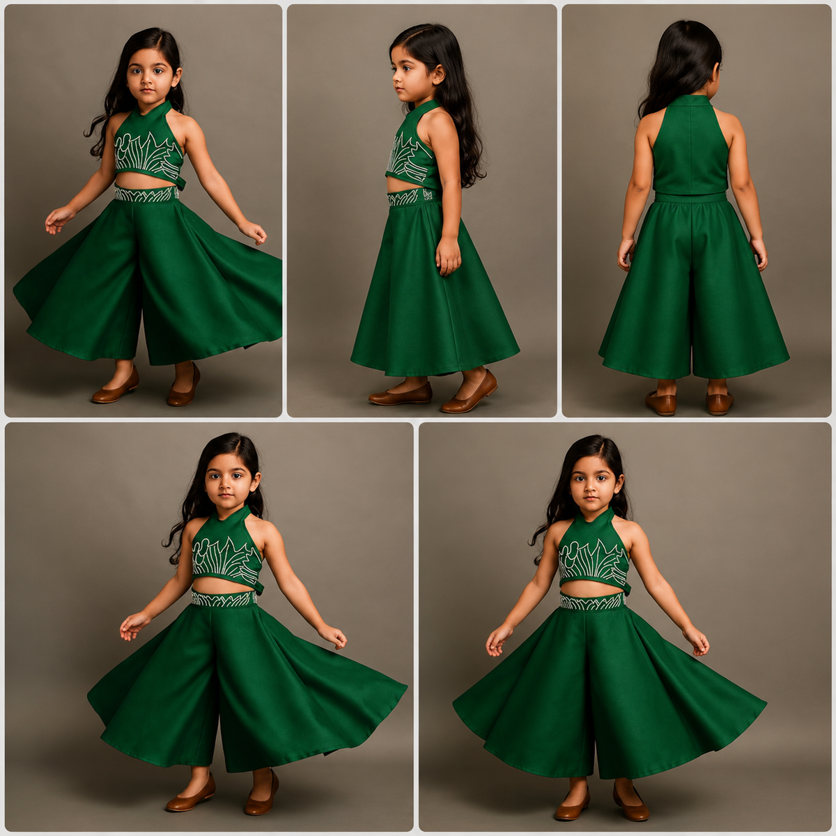 Pre Order: Halter Neck Back Bow Enhanced Green Top With Flared Palazzo