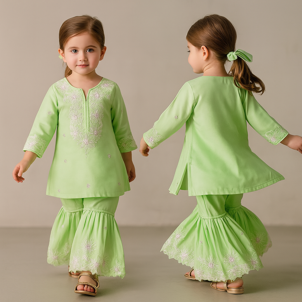 Pre Order: Pastel Green Front Placket Kurti And Pleated Sharara With Net Dupatta