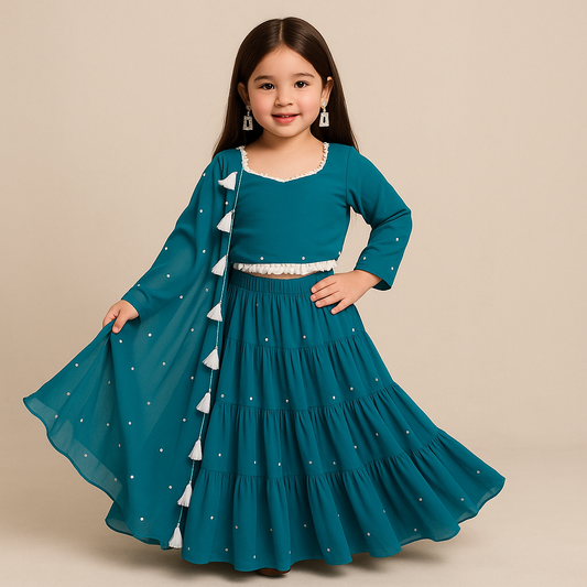 Pre Order: Sky Blue Tassels Details Georgette Lehenga Set