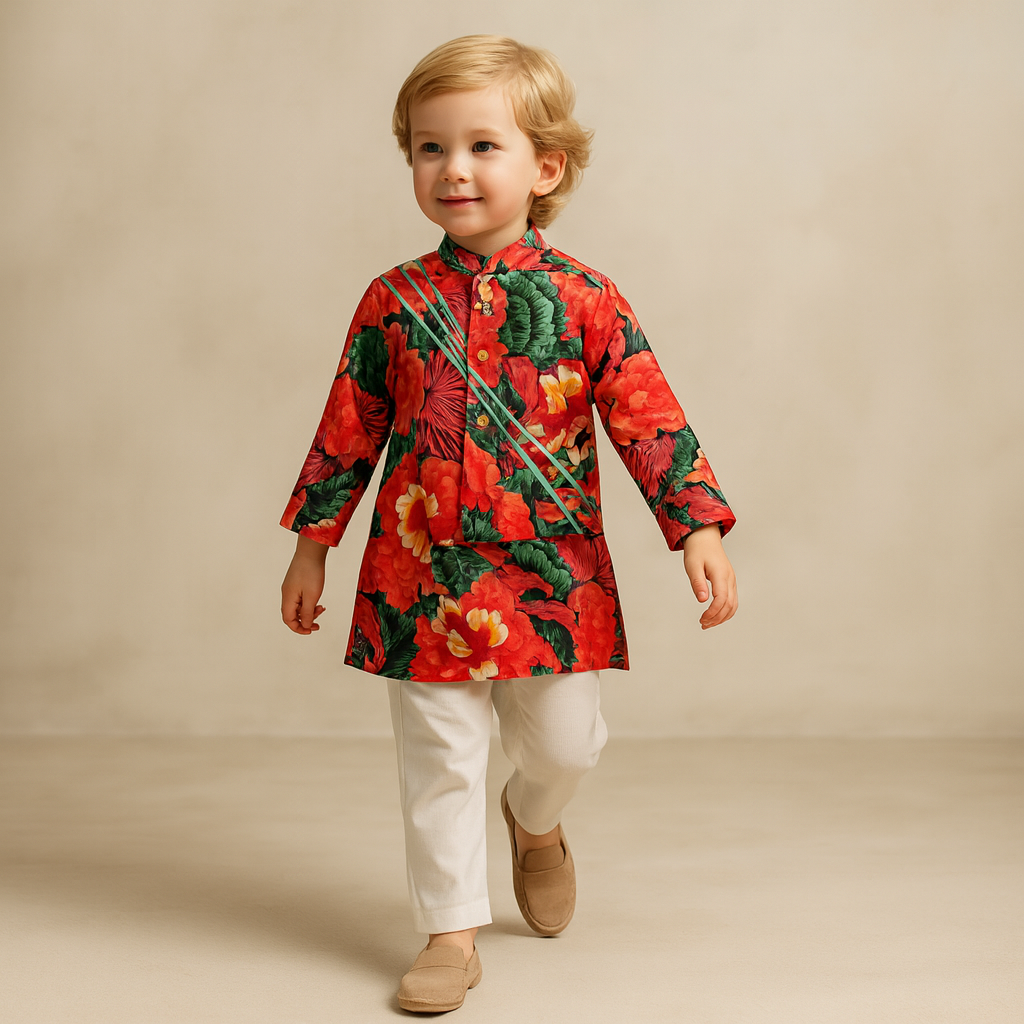 Pre Order: Multicolour Mandarin Collar Printed Kurta With Holographic Lace Detail Jacket And Pyjama