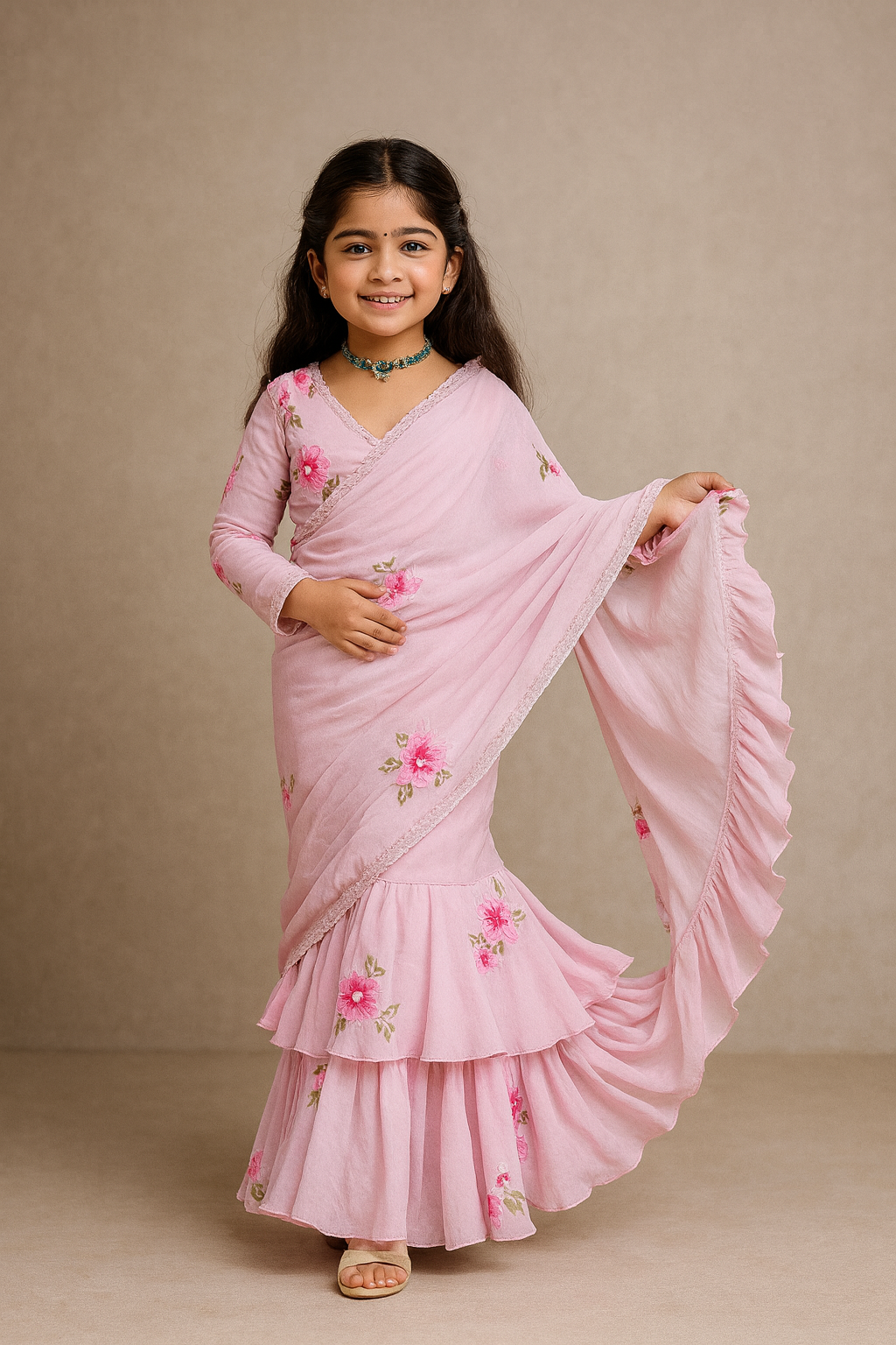 Pre Order: Pink Floral Print Georgette Saree