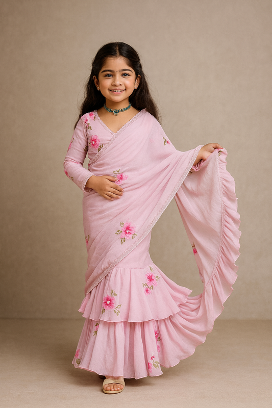 Pre Order: Pink Floral Print Georgette Saree