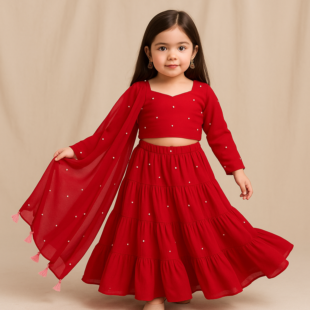 Pre Order:Red Pearl Details Georgette Lehenga Set