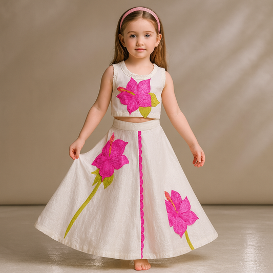 Pre Order: Exquisite Floral Embroidered Top And Lehenga With Potli Bag