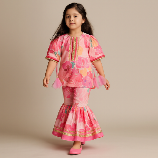 Pre Order: Printed Gota Work Kurti With Printed Sharara