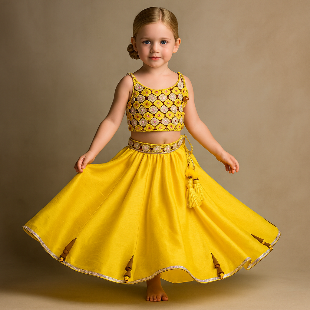 Pre Order: Flowers Adorned Smocked Tie Up Top With Lehenga And Waist Belt