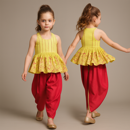 Pre Order: Embroidered Halter Neck Kurti And Tulip Dhoti