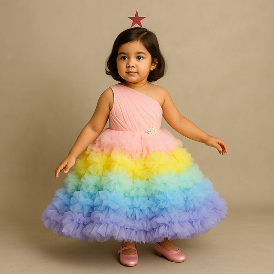 One Shoulder Pearl Embellished Multicoloured Ruffle Gown