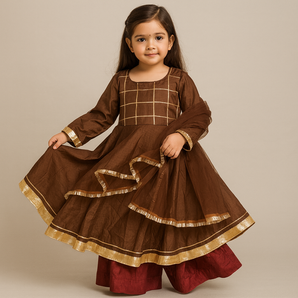 Pre Order: Hoor Brown Silk Anarkali Set