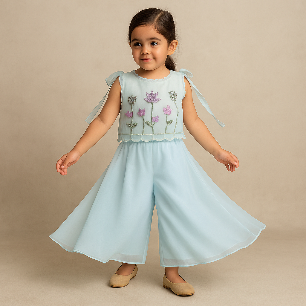 Pre Order: Top With Beautiful Floral Embroidered Organza Cape With Palazzo