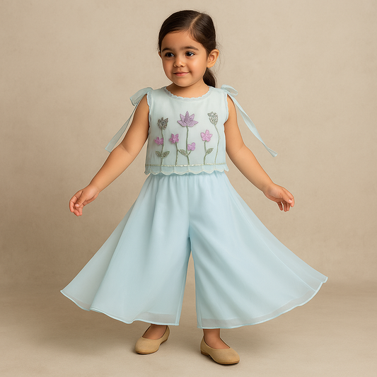 Pre Order: Top With Beautiful Floral Embroidered Organza Cape With Palazzo