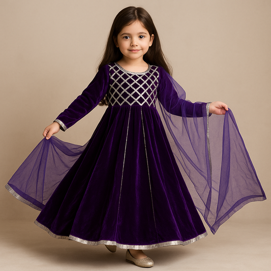 Pre Order: Deep Purple Velvet Anarkali Set