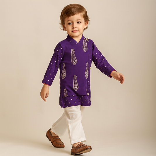 Pre Order: Purple Embroidered Flap Kurta With White Pyjama