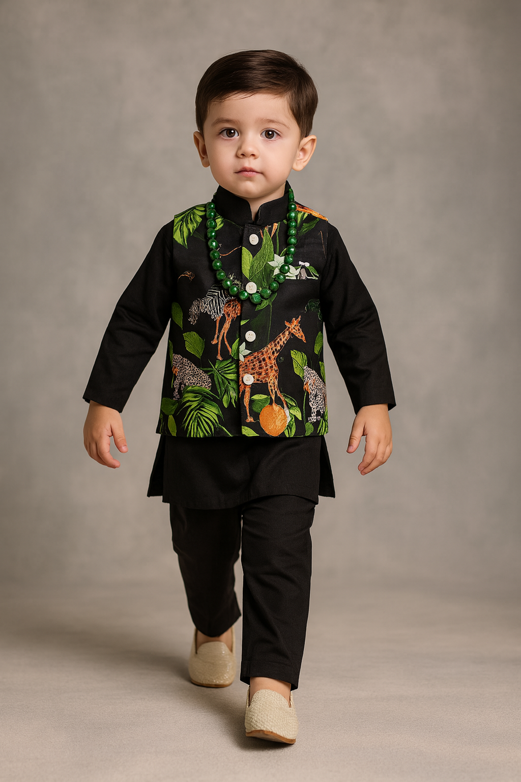 Pre Order: Black Kurta With Safari Printed Jacket And Pyjama