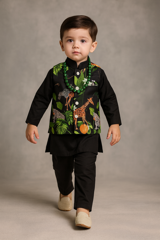Pre Order: Black Kurta With Safari Printed Jacket And Pyjama