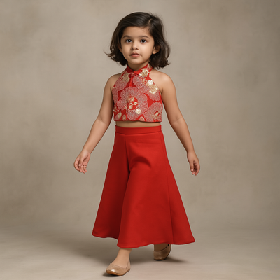 Pre Order: Red Embroidred Halter Neck Top With Flared Palazzo