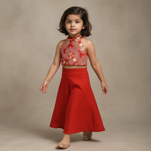 Pre Order: Red Embroidred Halter Neck Top With Flared Palazzo