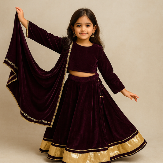 Pre Order: Wine Velvet Embroidered Lehenga Set