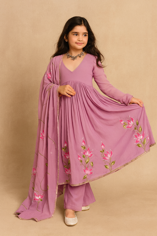 Pre Order: Onion Pink Hand Painted Anarkali Suit Set