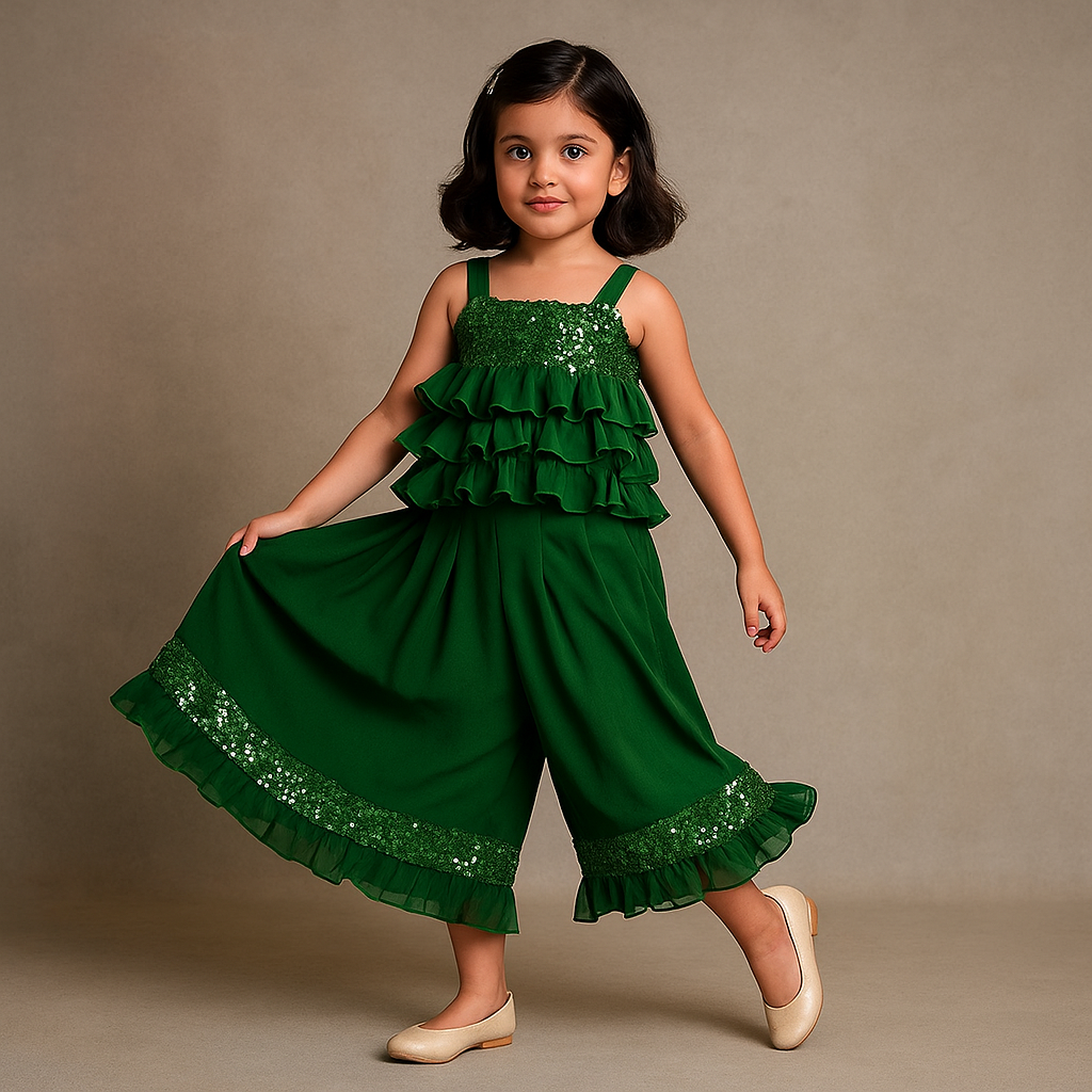 Pre Order: Ethnic Sequins Embroidered Stylish Ruffled Frilly Top And Box Pleated Palazzo