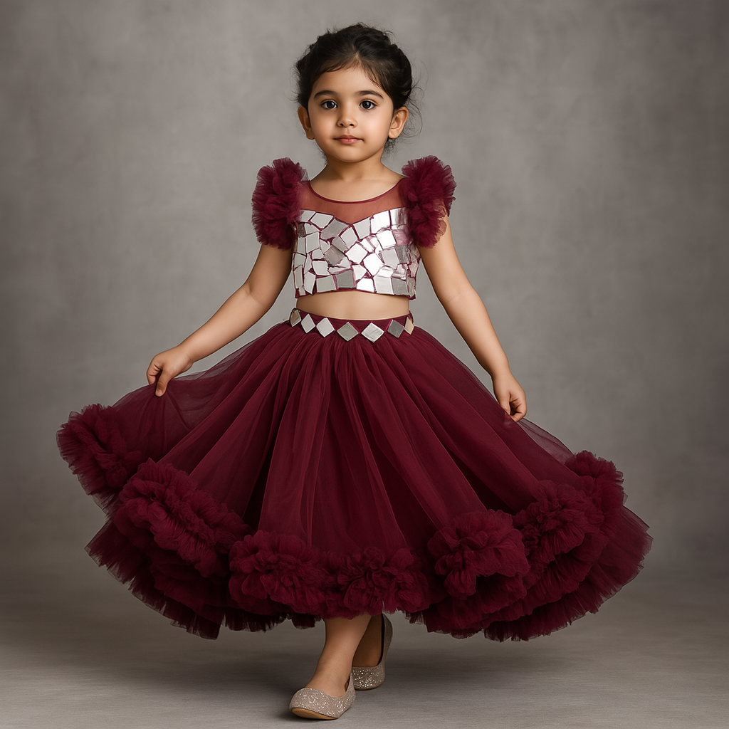 Mirror Work Enhanced Top With Flared Lehenga And Matching Head Band