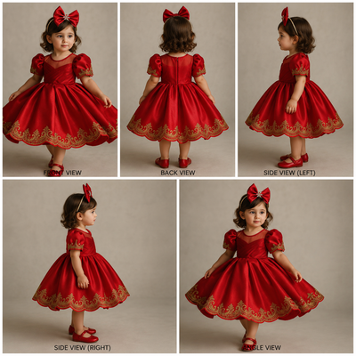 Pre Order: Red And Gold Embroidered Silk Dress