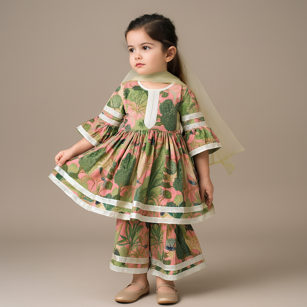 Pre Order: Pure Cotton Multicolour Peacock Printed Kurti And Sharara With Net Dupatta