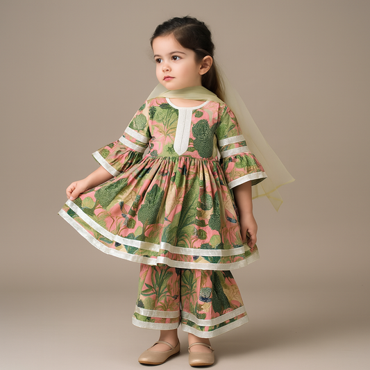 Pre Order: Pure Cotton Multicolour Peacock Printed Kurti And Sharara With Net Dupatta