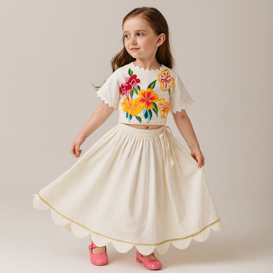 RTD Pre Order: Beautiful Floral Embroidered Triangles Enhanced Off White Top And Scalloped Lehenga With Gota Lace Detail Net Dupatta