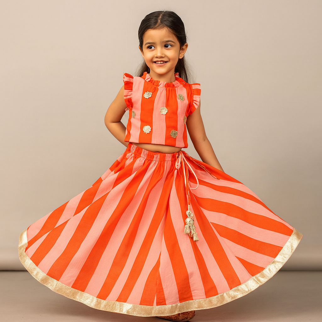Pre Order: Orange Pink Striped Floral Top With Matching Lehenga