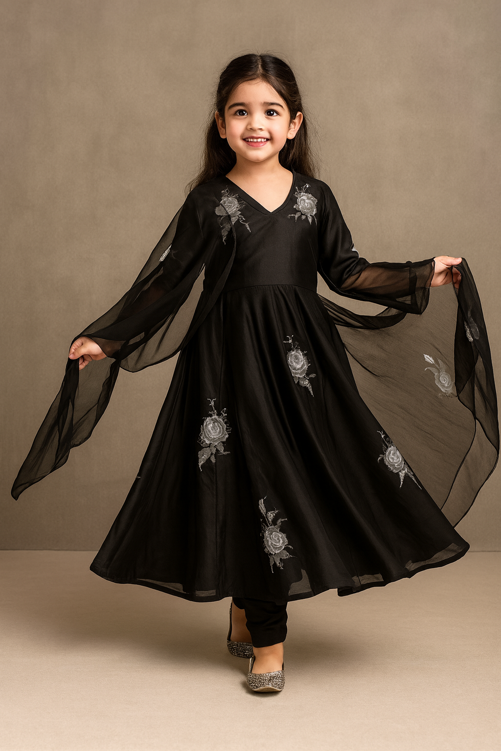 Pre Order: Black Floral Anarkali Suit Set