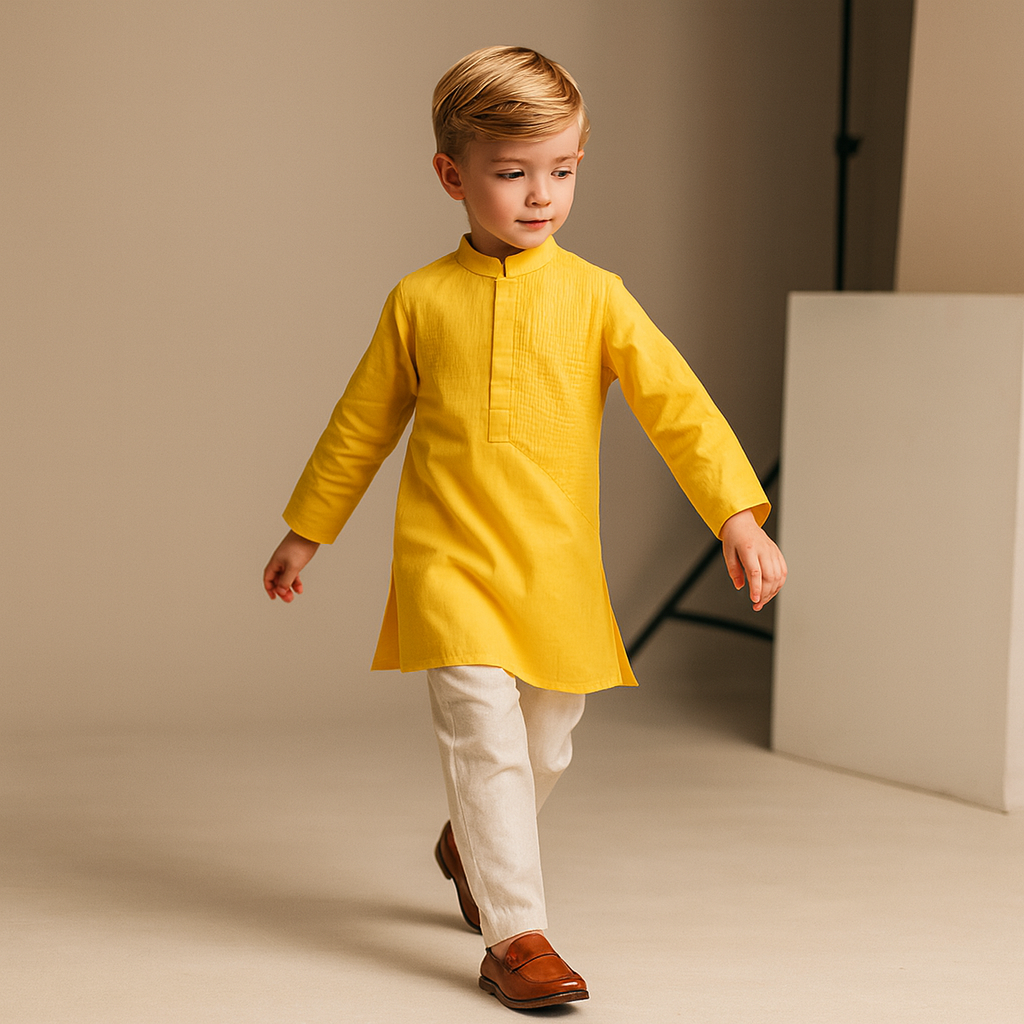 Pre Order: Ethnic Yellow Kurta And Off-White Pyjama
