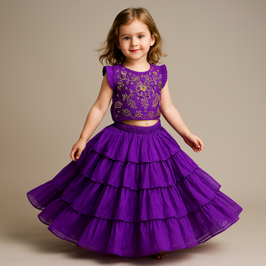 Pre Order: Charming Floral Cut Dana Embroidered Purple Top And Multi Layered Ruffle Lehenga